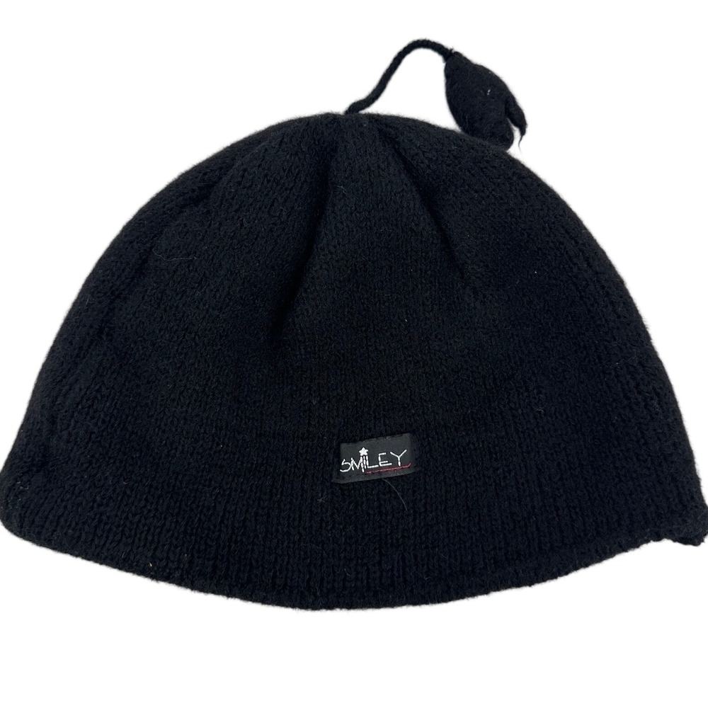 Smiley Pure Wool Beanie Hat Black Knit Tassel Made in USA Winter Cap Mens Womens